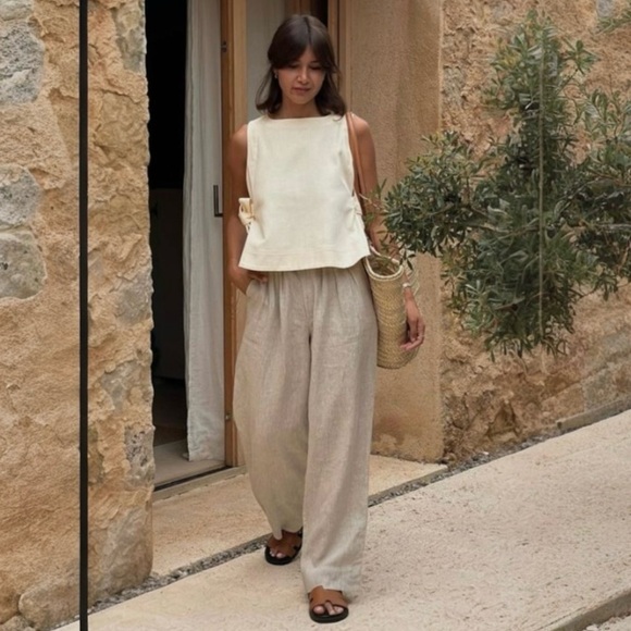Zara Pants - Zara Linen Viscose Wide Leg Pull On Pants Coastal Minimalist Sand Sz Small NWOT
